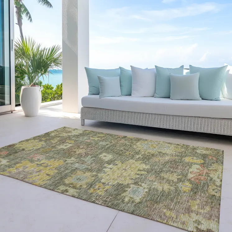 10' X 14' Artichoke Green Coral And Brown Floral Washable Indoor Outdoor Area Rug