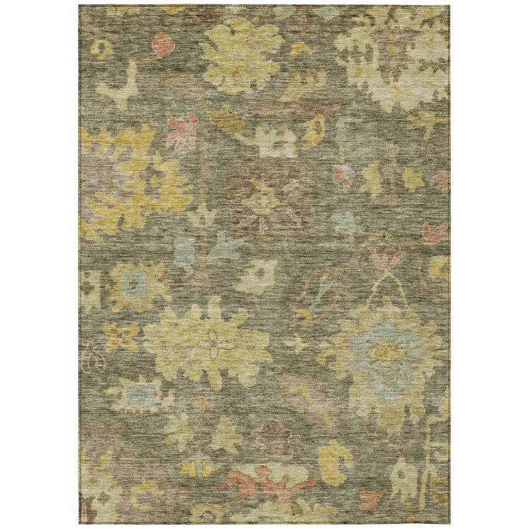 10' X 14' Artichoke Green Coral And Brown Floral Washable Indoor Outdoor Area Rug