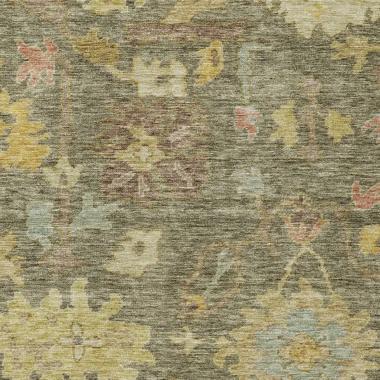 10' X 14' Artichoke Green Coral And Brown Floral Washable Indoor Outdoor Area Rug