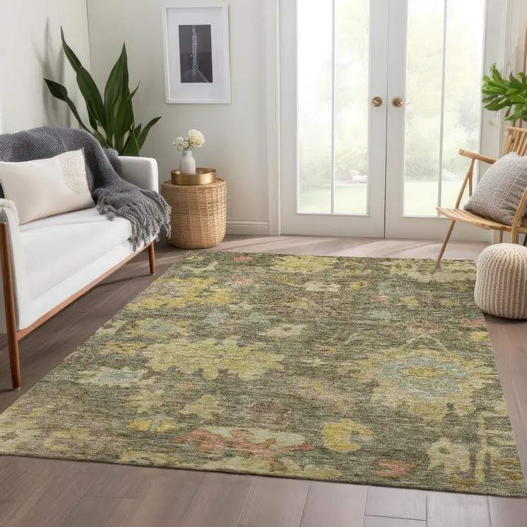 10' X 14' Artichoke Green Coral And Brown Floral Washable Indoor Outdoor Area Rug
