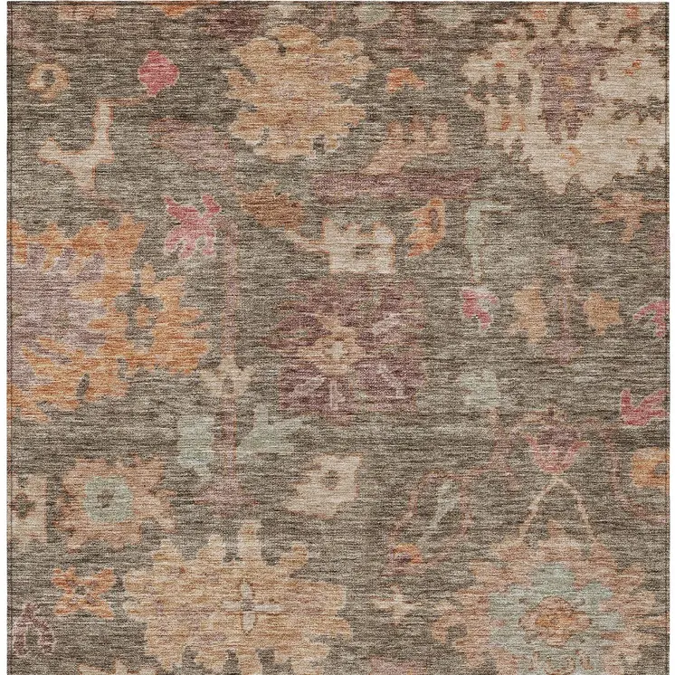 10' X 14' Brown Tan And Terra Cotta Floral Washable Indoor Outdoor Area Rug