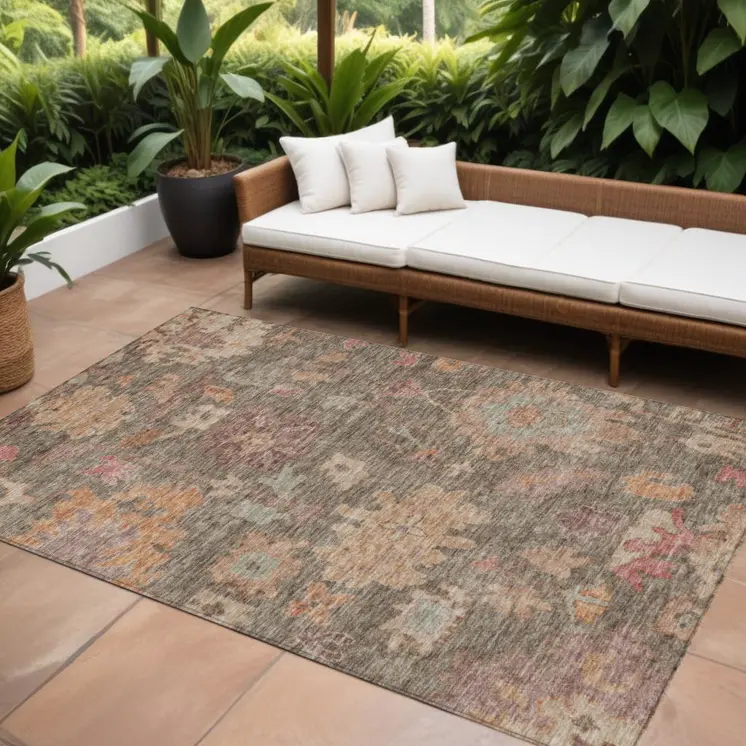 10' X 14' Brown Tan And Terra Cotta Floral Washable Indoor Outdoor Area Rug