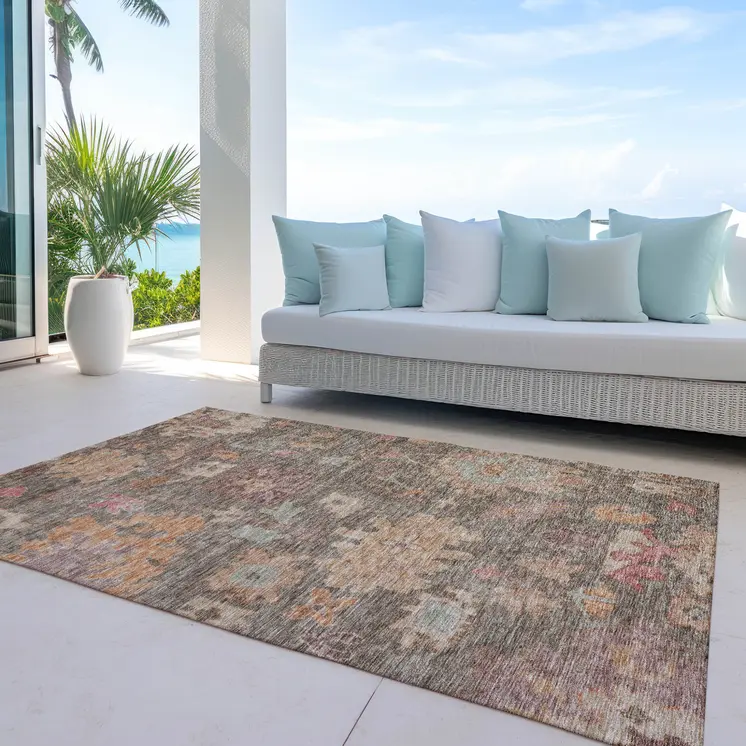 10' X 14' Brown Tan And Terra Cotta Floral Washable Indoor Outdoor Area Rug