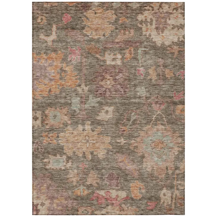 10' X 14' Brown Tan And Terra Cotta Floral Washable Indoor Outdoor Area Rug