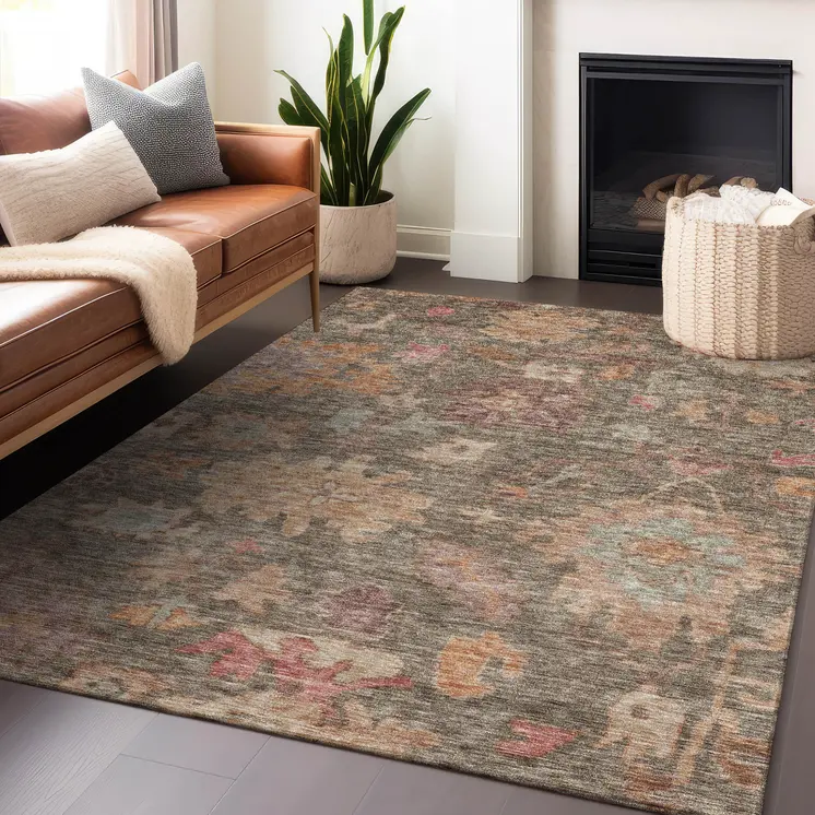 10' X 14' Brown Tan And Terra Cotta Floral Washable Indoor Outdoor Area Rug