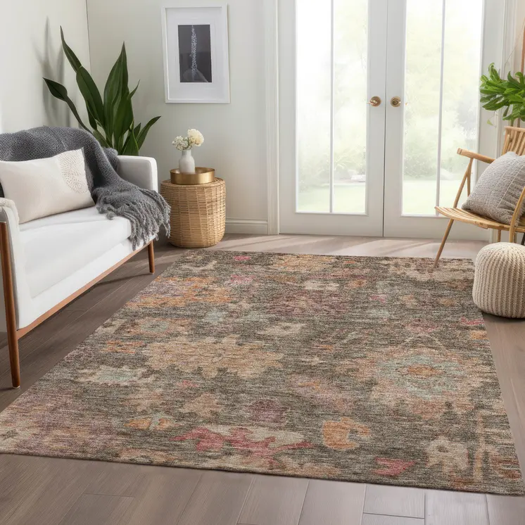10' X 14' Brown Tan And Terra Cotta Floral Washable Indoor Outdoor Area Rug