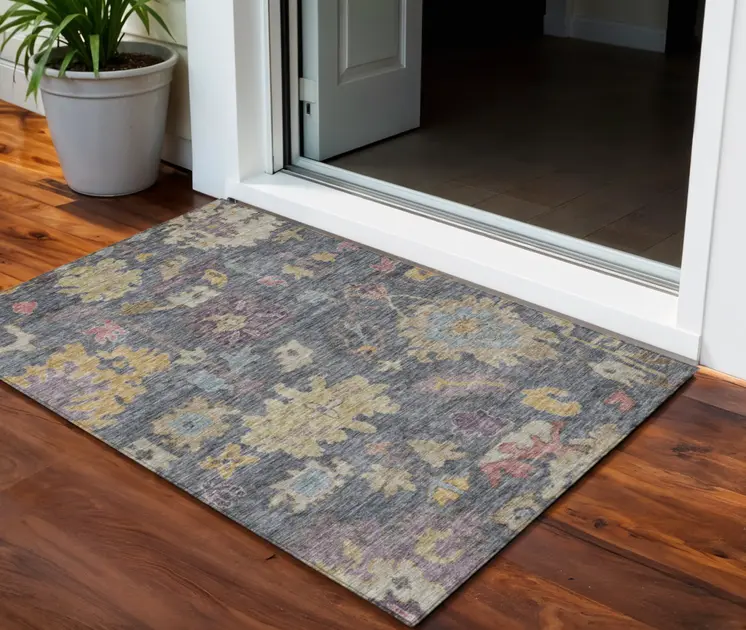3' X 5' Blue Charcoal And Gold Floral Washable Indoor Outdoor Area Rug