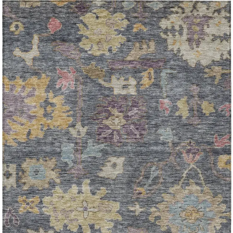 5' X 8' Blue Charcoal And Gold Floral Washable Indoor Outdoor Area Rug