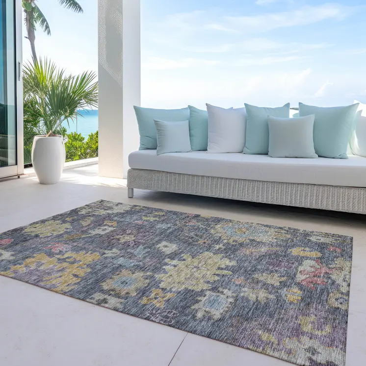 5' X 8' Blue Charcoal And Gold Floral Washable Indoor Outdoor Area Rug