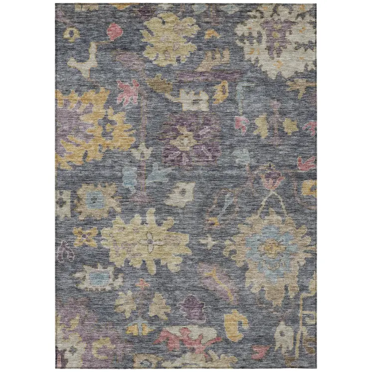 5' X 8' Blue Charcoal And Gold Floral Washable Indoor Outdoor Area Rug