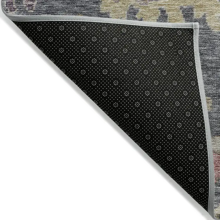 5' X 8' Blue Charcoal And Gold Floral Washable Indoor Outdoor Area Rug