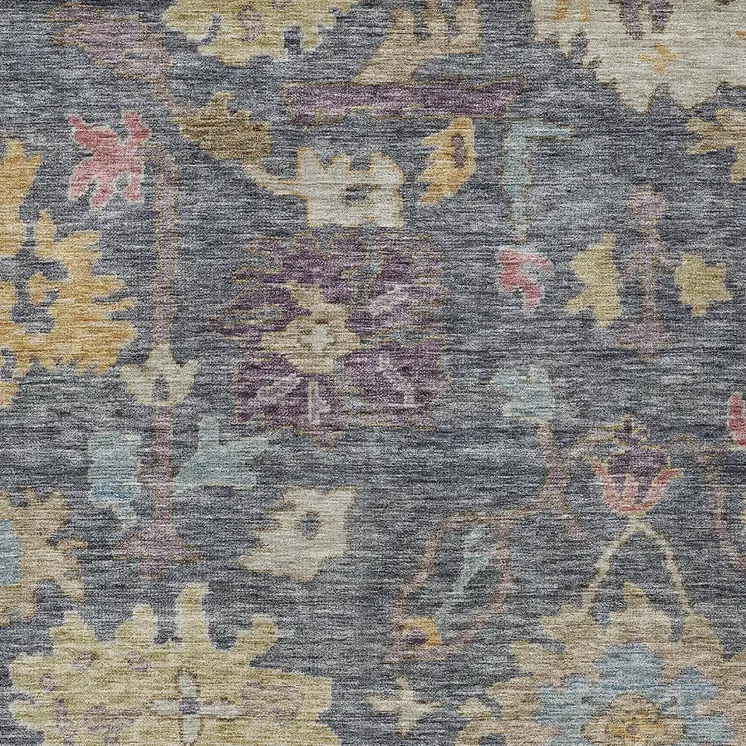 5' X 8' Blue Charcoal And Gold Floral Washable Indoor Outdoor Area Rug