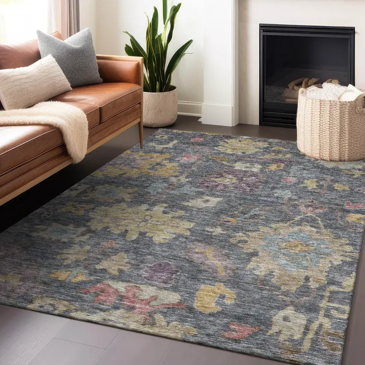 5' X 8' Blue Charcoal And Gold Floral Washable Indoor Outdoor Area Rug