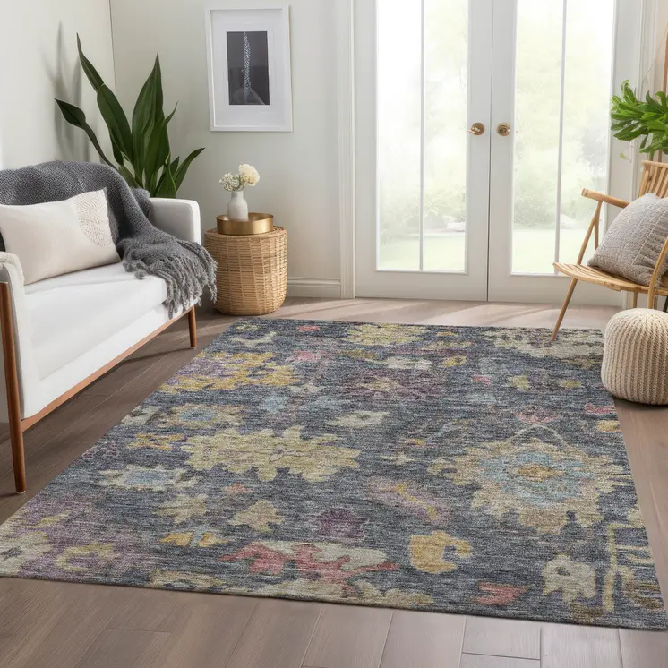 5' X 8' Blue Charcoal And Gold Floral Washable Indoor Outdoor Area Rug