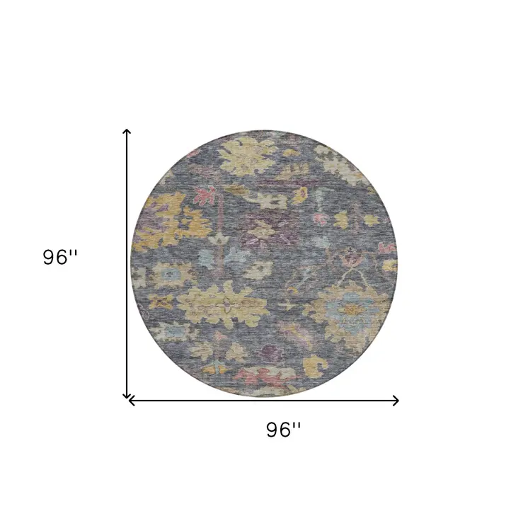 8' Blue Charcoal And Gold Round Floral Washable Indoor Outdoor Area Rug