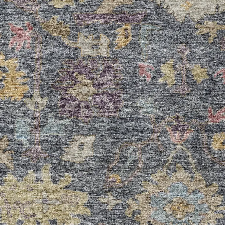 9' X 12' Blue Charcoal And Gold Floral Washable Indoor Outdoor Area Rug