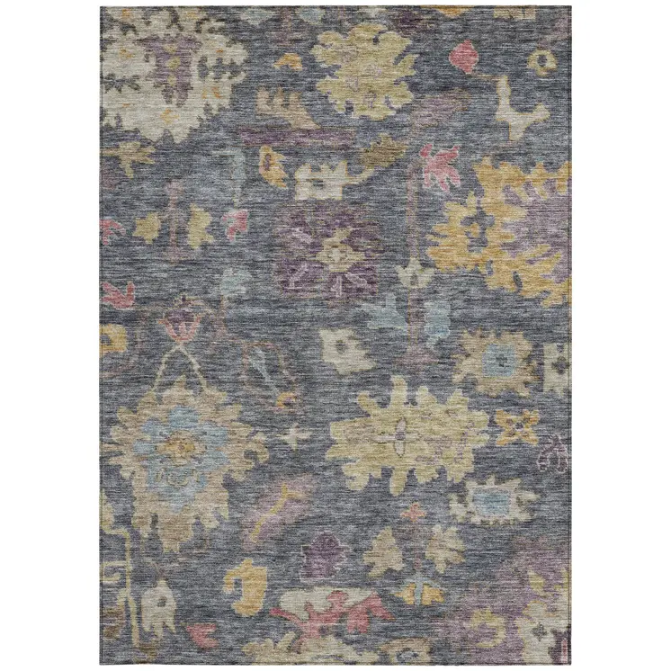 10' X 14' Blue Charcoal And Gold Floral Washable Indoor Outdoor Area Rug