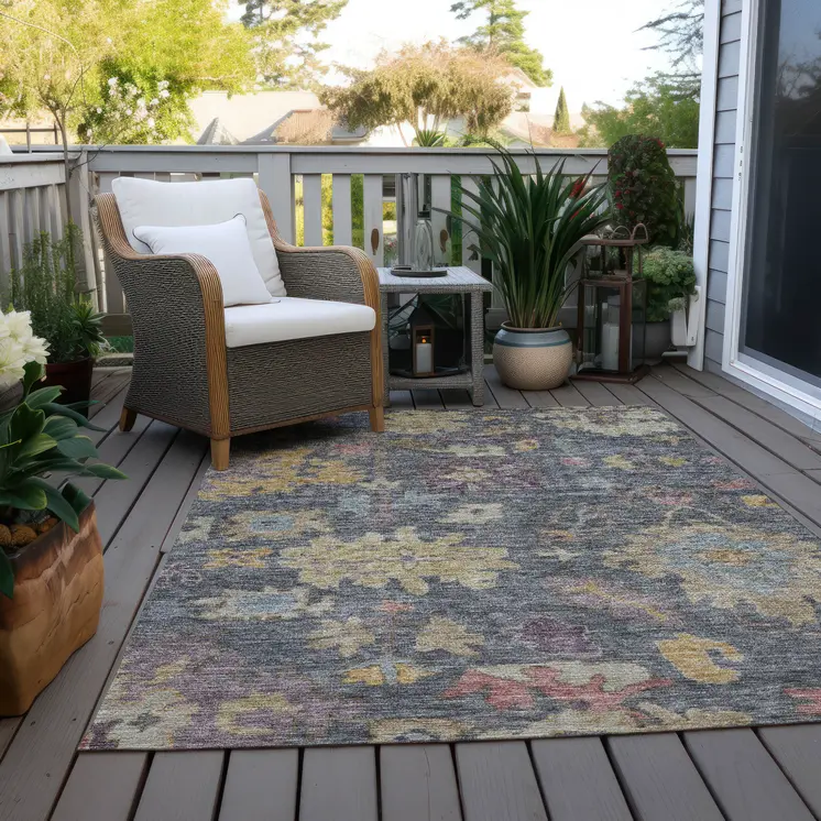 10' X 14' Blue Charcoal And Gold Floral Washable Indoor Outdoor Area Rug