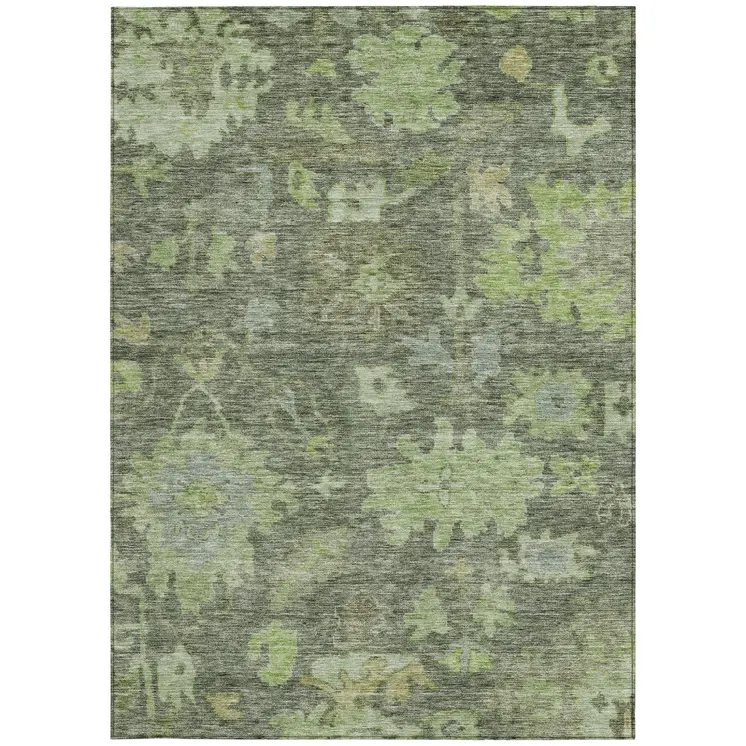 5' X 8' Fern Green And Olive Green Floral Washable Indoor Outdoor Area Rug