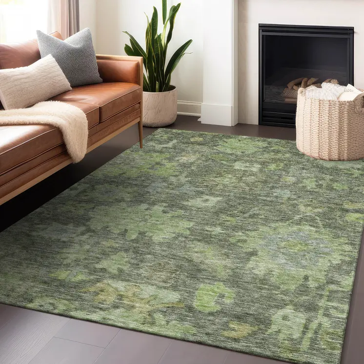 5' X 8' Fern Green And Olive Green Floral Washable Indoor Outdoor Area Rug