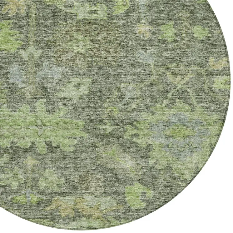 8' Fern Green And Olive Green Round Floral Washable Indoor Outdoor Area Rug