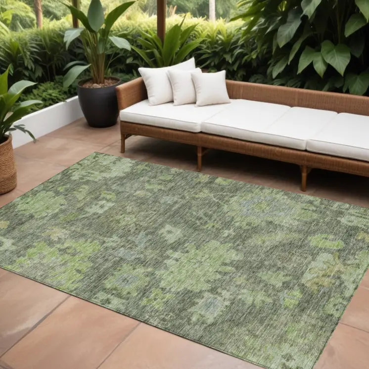 8' X 10' Fern Green And Olive Green Floral Washable Indoor Outdoor Area Rug