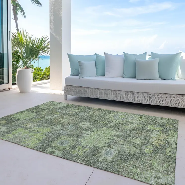 8' X 10' Fern Green And Olive Green Floral Washable Indoor Outdoor Area Rug