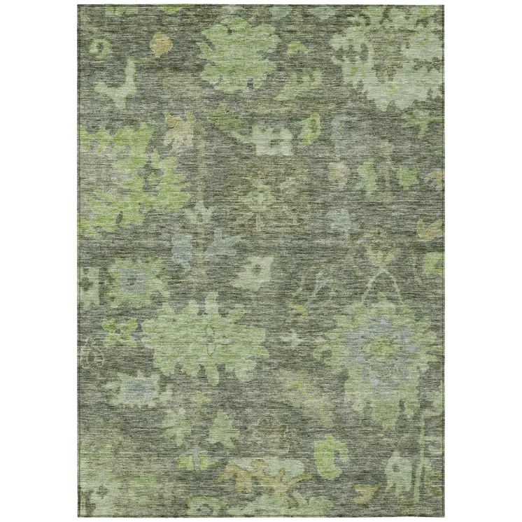 8' X 10' Fern Green And Olive Green Floral Washable Indoor Outdoor Area Rug