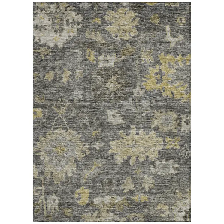 3' X 5' Gray And Charcoal Floral Washable Indoor Outdoor Area Rug