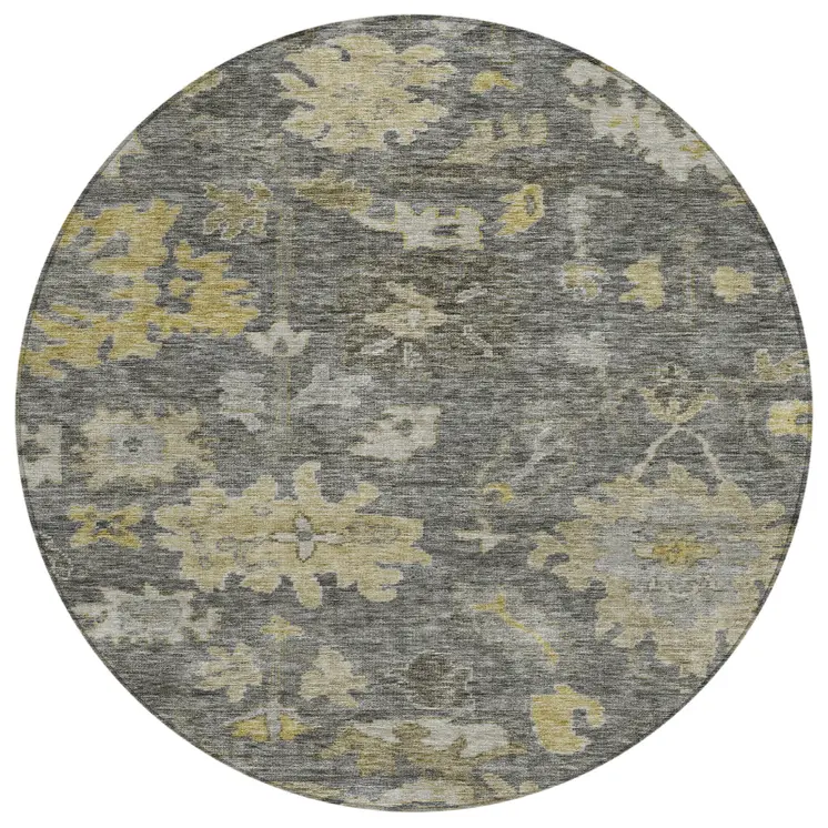 8' Gray And Charcoal Round Floral Washable Indoor Outdoor Area Rug