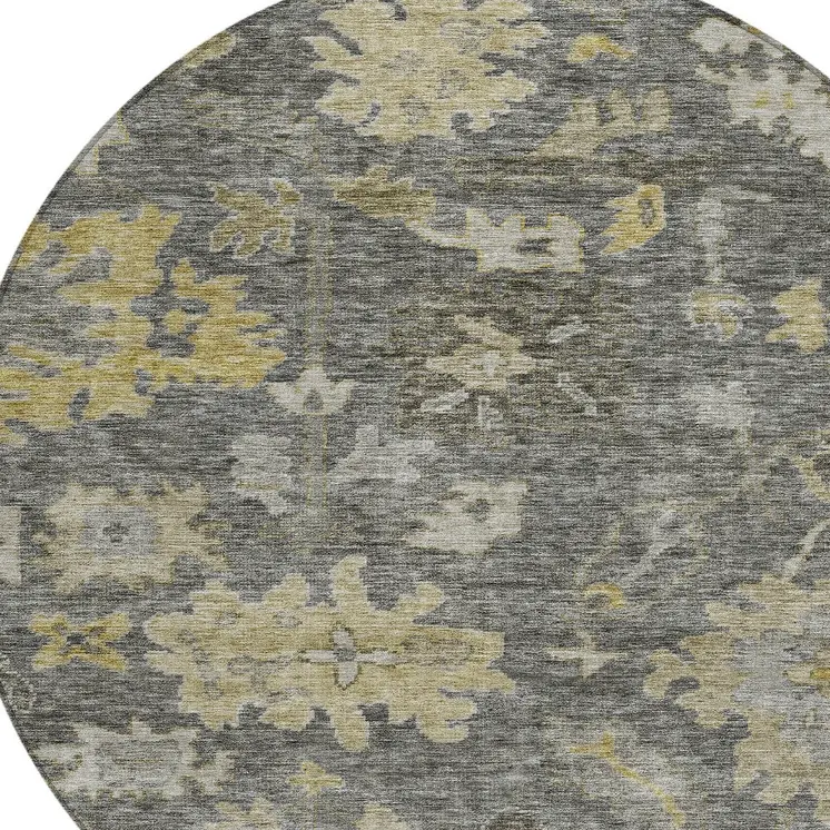 8' Gray And Charcoal Round Floral Washable Indoor Outdoor Area Rug