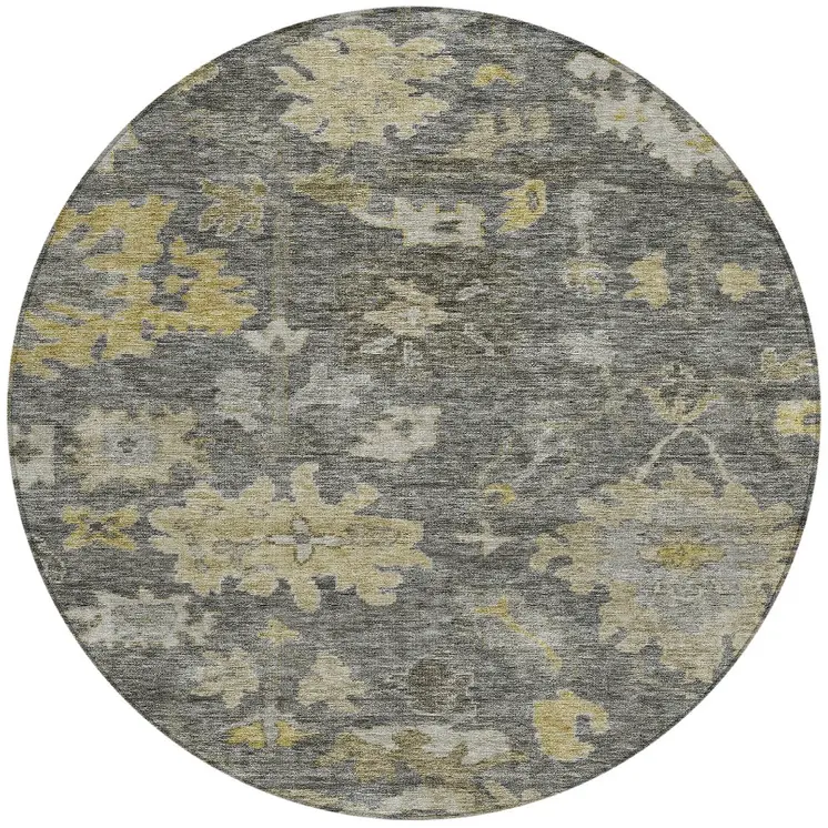 8' Gray And Charcoal Round Floral Washable Indoor Outdoor Area Rug