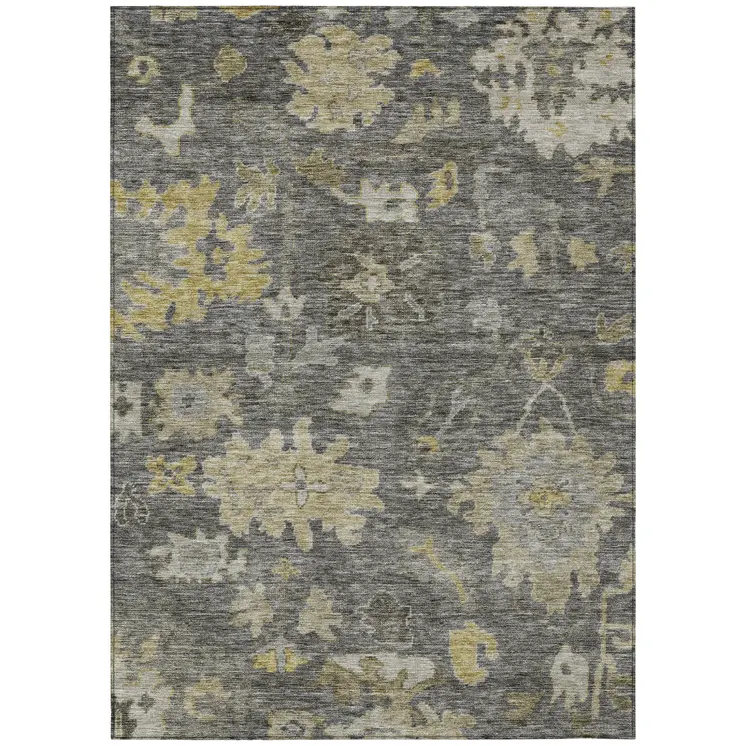 10' X 14' Gray And Charcoal Floral Washable Indoor Outdoor Area Rug