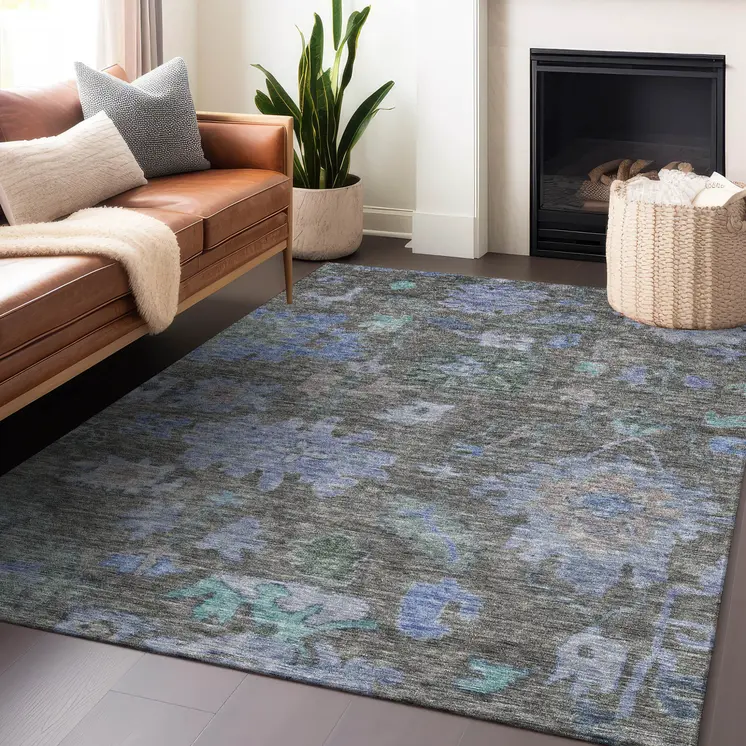 3' X 5' Taupe Green And Blue Floral Washable Indoor Outdoor Area Rug