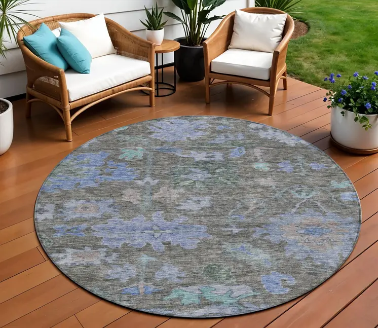 8' Taupe Green And Blue Round Floral Washable Indoor Outdoor Area Rug