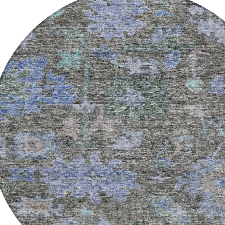 8' Taupe Green And Blue Round Floral Washable Indoor Outdoor Area Rug