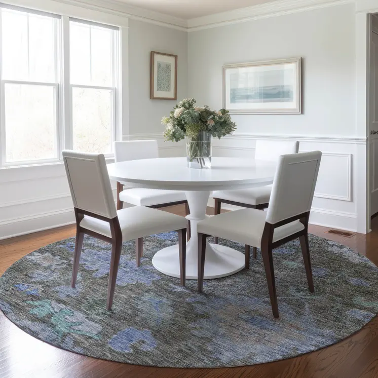 8' Taupe Green And Blue Round Floral Washable Indoor Outdoor Area Rug