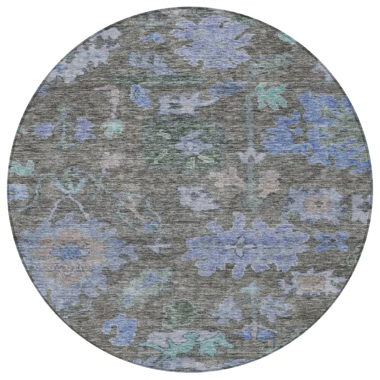 8' Taupe Green And Blue Round Floral Washable Indoor Outdoor Area Rug
