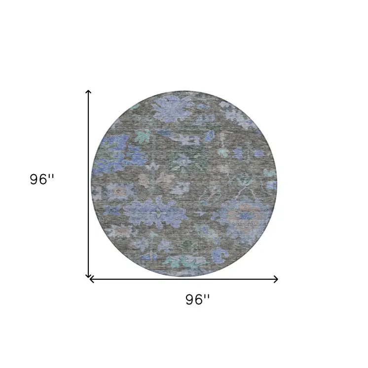 8' Taupe Green And Blue Round Floral Washable Indoor Outdoor Area Rug