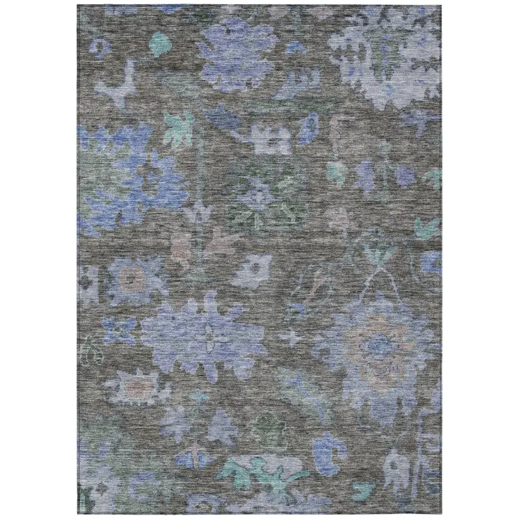 8' X 10' Taupe Green And Blue Floral Washable Indoor Outdoor Area Rug