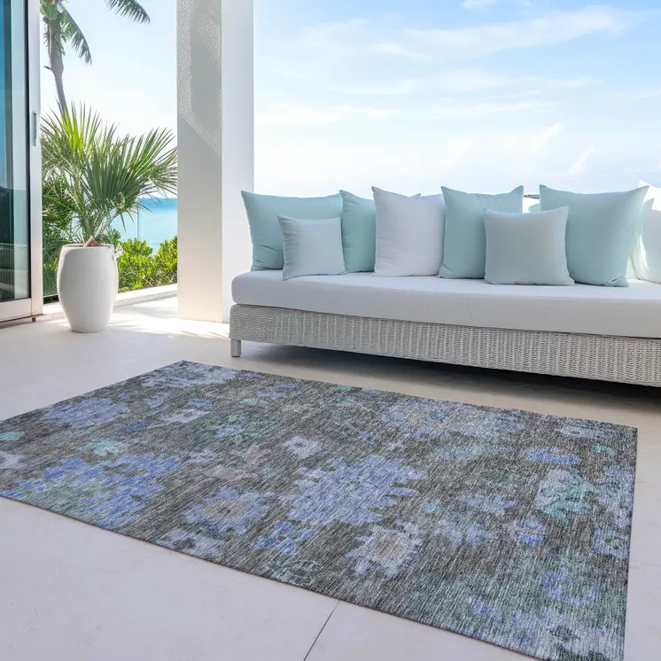 10' X 14' Taupe Green And Blue Floral Washable Indoor Outdoor Area Rug