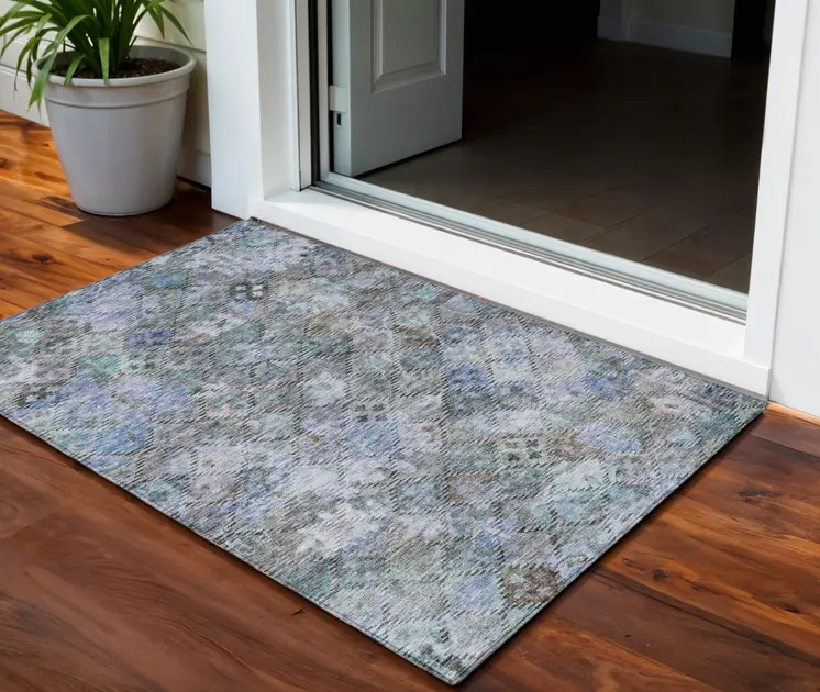 3' X 5' Blue Gray And Brown Floral Washable Indoor Outdoor Area Rug