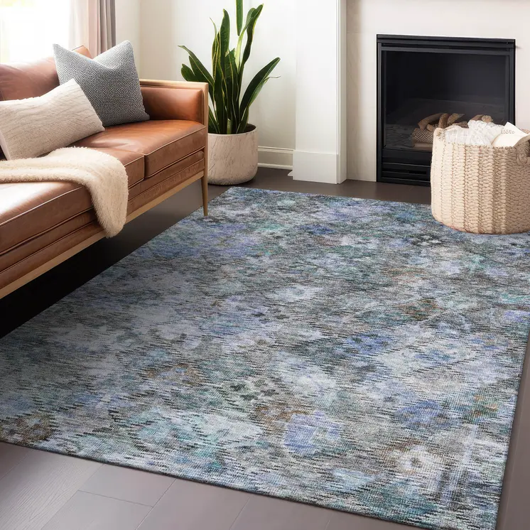 5' X 8' Blue Gray And Brown Floral Washable Indoor Outdoor Area Rug
