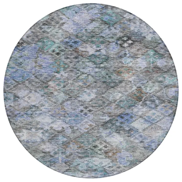 8' Blue Gray And Brown Round Floral Washable Indoor Outdoor Area Rug