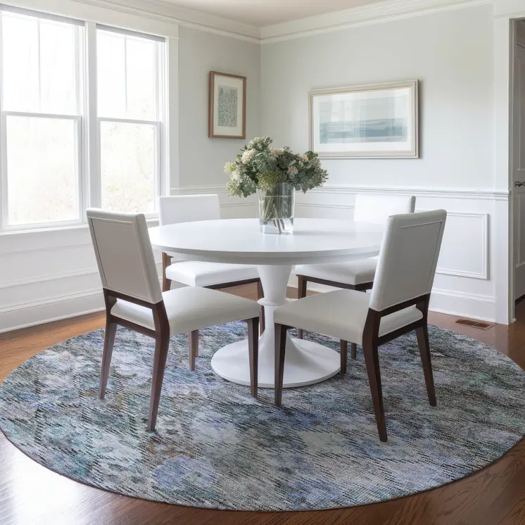 8' Blue Gray And Brown Round Floral Washable Indoor Outdoor Area Rug