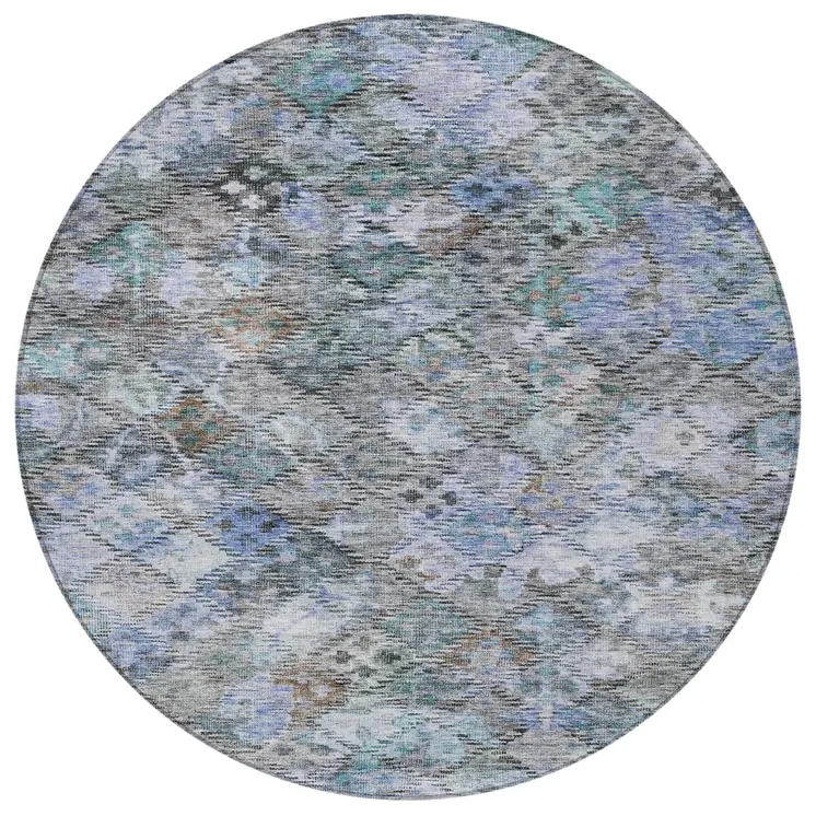 8' Blue Gray And Brown Round Floral Washable Indoor Outdoor Area Rug