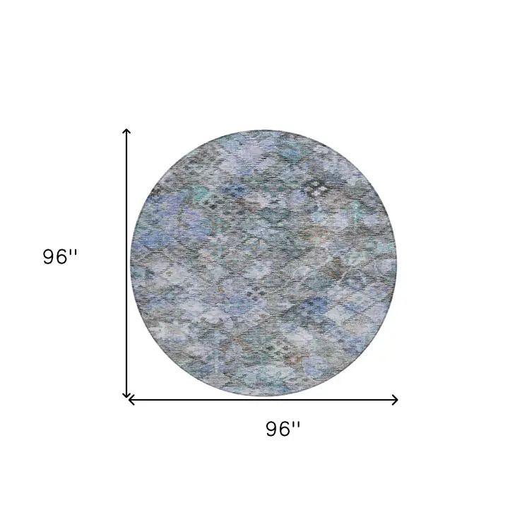 8' Blue Gray And Brown Round Floral Washable Indoor Outdoor Area Rug