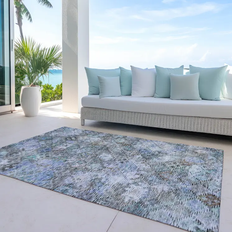 8' X 10' Blue Gray And Brown Floral Washable Indoor Outdoor Area Rug
