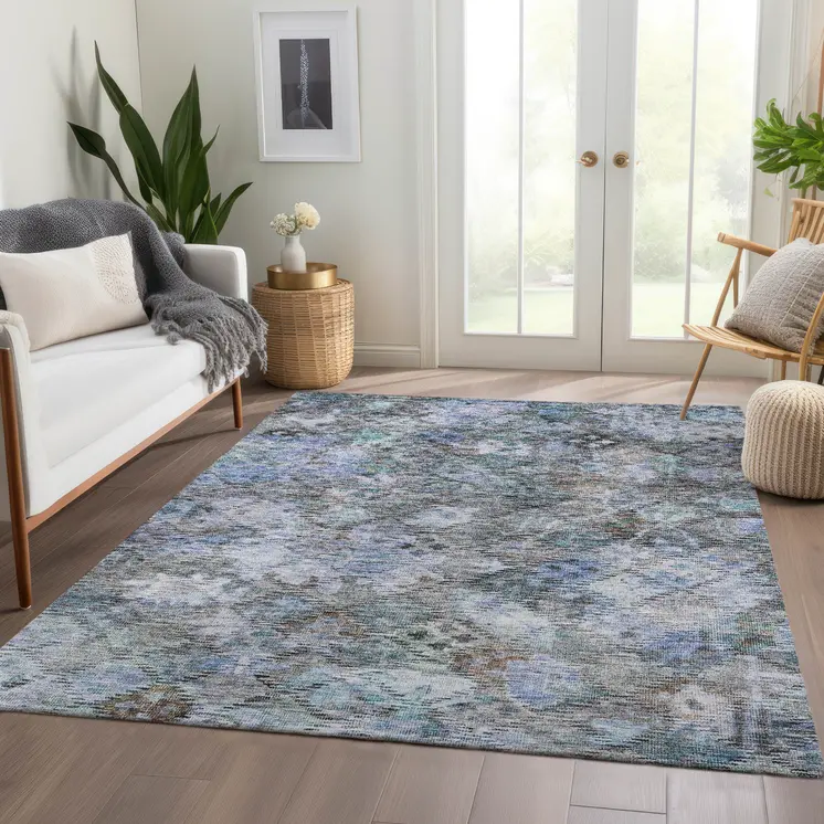 8' X 10' Blue Gray And Brown Floral Washable Indoor Outdoor Area Rug