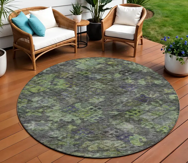8' Green Charcoal And Black Round Floral Washable Indoor Outdoor Area Rug